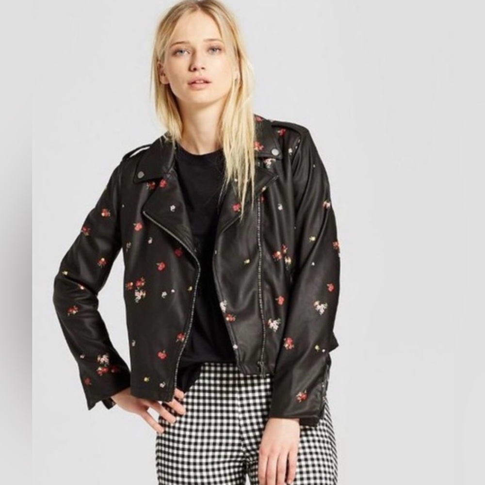 Who What Wear Black Floral Faux Leather Biker Moto Jacket size Small